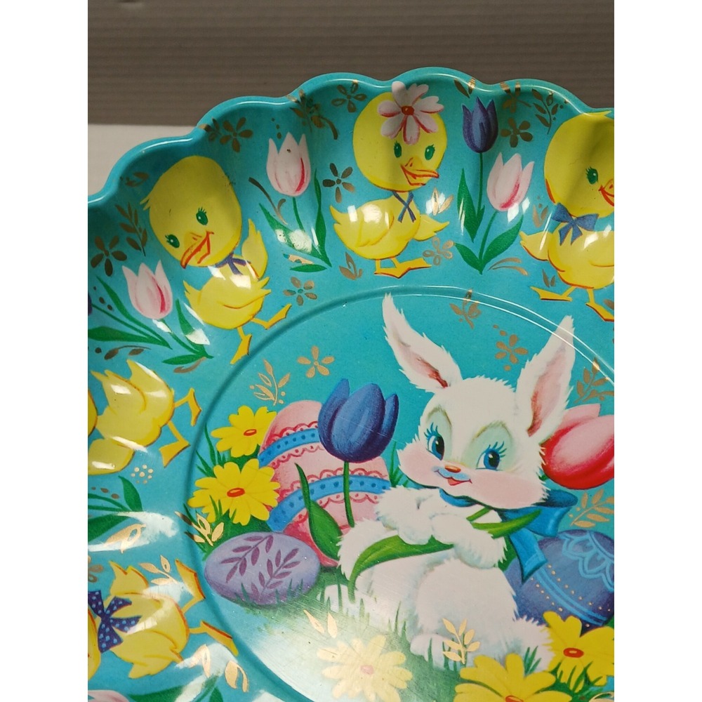 Vintage 1970s Easter Bunny Eggs Chicks Plastic Serving Bowl Scalloped Edges 10" - Picture 4 of 6